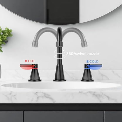 8 Inch Bathroom Faucet 3 Hole Black 2 Handle Bathroom Sink Faucet | Stainless Steel, 360° Swivel Spout, Widespread 2 Handle, Includes Pop-Up Drain,Water Supply Lines, Matte Black - color: Matte Black
