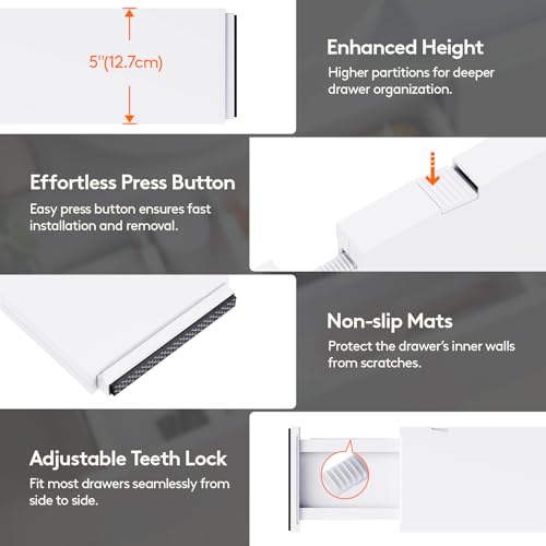 Lifewit 5" Tall Upgrade Drawer Dividers, Adjustable Deep Drawer Organizer | 13.5"-22" Expandable White Drawer Separator for Clothes, Dresser/Kitchen/Closet/Bedroom/Office Organization & Storage, 5 Pack - size: 5"H, 13.5-22"L