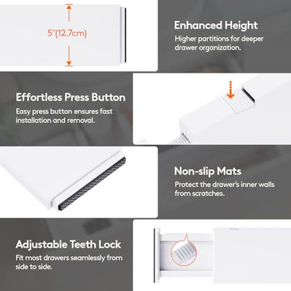 Lifewit 5" Tall Upgrade Drawer Dividers, Adjustable Deep Drawer Organizer | 13.5"-22" Expandable White Drawer Separator for Clothes, Dresser/Kitchen/Closet/Bedroom/Office Organization & Storage, 5 Pack - size: 5"H, 13.5-22"L