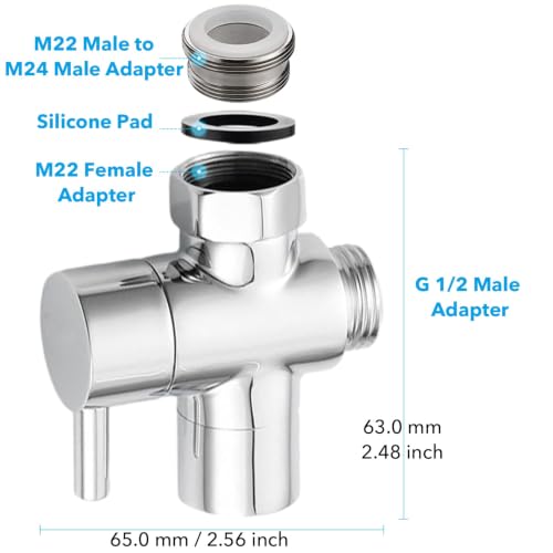 Sink Faucet Valve Brass 3-Way Diverter Splitter M22-M24 G1/2 Adaptor - color: Metal Sliver with 3 Adapters