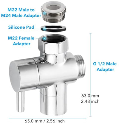 Sink Faucet Valve Brass 3-Way Diverter Splitter M22-M24 G1/2 Adaptor - color: Metal Sliver with 3 Adapters