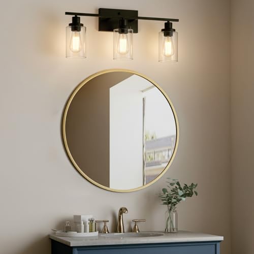MELUCEE Bathroom Vanity Light Fixtures 3 Lights Black with Clear Glass | Metal Wall Sconce for Bedroom Living Room Hallway Kitchen (Patent No.: US D963914 S) 20.5 Inch - color: Black, size: 3-Light