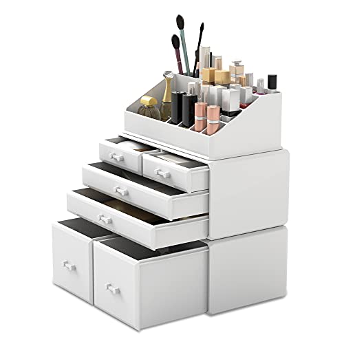 READAEER Makeup Organizer 3 Pieces Cosmetic Storage Case with 6 Drawers (White) - color: White
