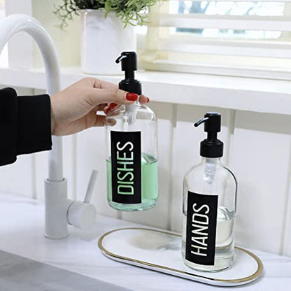 JASAI 2Pack 18OZ Glass Soap Dispenser with Black Hand & Dish Printed Label | Clear Glass Kitchen Soap Dispenser with Rustproof 304 Stainless Steel Pump for Hand Soap & Dish Soap - color: Black With Black Pump