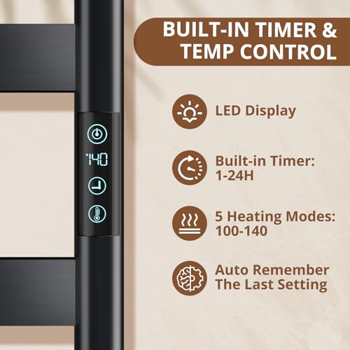 Heated Towel Rack Freestanding & Wall-Mounted, WiFi 8 Bar Towel Warmer Rack | WiFi Control, Extra-Wide Heating, Child Safety Lock, 1-24H Timer & Multi-Level Temp, Stainless Steel, Plug-in, Matte Black - color: Matte Black