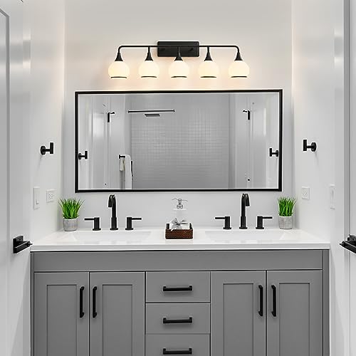 Black Bathroom Light Fixtures 5-Lights Vanity Lights with Milky White Frosted Glass Shade Bathroom Vanity Light 39.2 inch Wall Sconce Lighting Bath(Exclude E26 Bulb) - color: Black, size: 5 Light