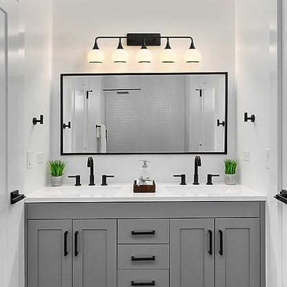 Black Bathroom Light Fixtures 5-Lights Vanity Lights with Milky White Frosted Glass Shade Bathroom Vanity Light 39.2 inch Wall Sconce Lighting Bath(Exclude E26 Bulb) - color: Black, size: 5 Light