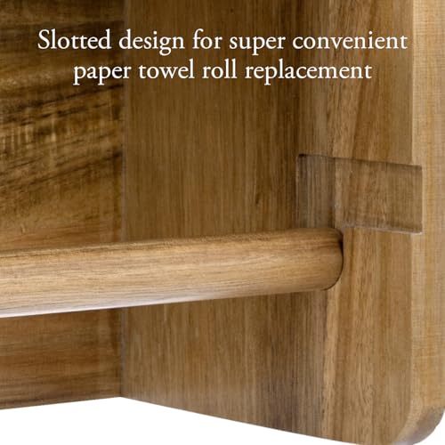 MyGift Acacia Wood Paper Towel Holder with Shelf, Wall Mounted Rack | Top shelf stores spices, oils, and kitchen essentials while the lower bar provides convenient roll access to save space - color: Premium Acacia Wood