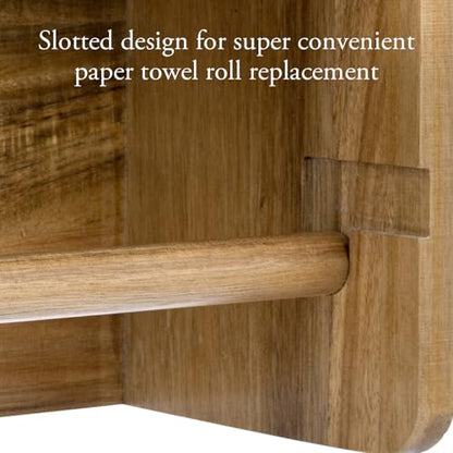 MyGift Acacia Wood Paper Towel Holder with Shelf, Wall Mounted Rack | Top shelf stores spices, oils, and kitchen essentials while the lower bar provides convenient roll access to save space - color: Premium Acacia Wood