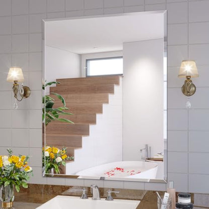 Frameless Bathroom Mirror, 28"x36" Beveled Bathroom Vanity Mirror | 15mm beveled edge, frameless, 5mm HD glass, anti-rust, french cleat, horizontally or vertically, for bathroom/bedroom - size: 28"L x 36"W