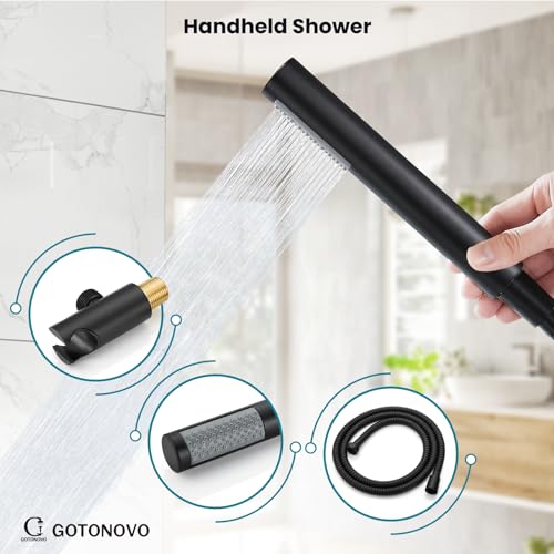 gotonovo Shower Faucet Set with Rough-in Valve Trim Kit,Matte Black | 10 Inch Round Rain Showerhead with Handheld Spray,Bathroom Wall Mount Shower System Complete Combo,2-in-1 Diverter,All Metal - color: Black