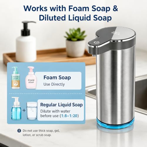 Automatic Foaming Soap Dispenser(IPX5 Waterproof, 12oz/350ml | Touchless Rechargeable Soap Dispenser for Kitchen & Bathroom, Stainless Steel, 4 Adjustable Foam Levels, USB-C - color: St-01 Foam Gray