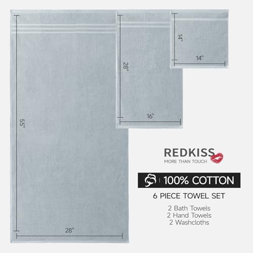 REDKISS Light Grey Towels Set 6 Piece Cotton Towel Sets with 2 Bath Towels, 2 Hand, 2 Washcloths, 650GSM Hotel Quality, Soft, Highly Absorbent Towels for Bathroom Gym, Ideal Everyday Use - color: Light Grey