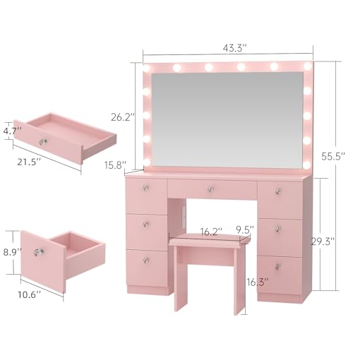 VOWNER Vanity with Lighted Mirror - Makeup Vanity Desk with Glass Top, 7 Drawers and Power Outlet, 3 Color Lighting Modes Adjustable Brightness, 44" Vanity Table with Stool for Women Girls, Pink - color: Pink