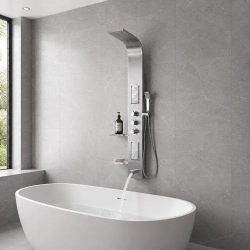 ANZZI Shower Panel Tower, Field 58 Inch Long Turbo High Pressure Shower | Handheld Sprayer Type Free Reign Euro Grip With 60 Reach, Includes One 1 Mesa Full Body One 1 Heavy Rain Head
