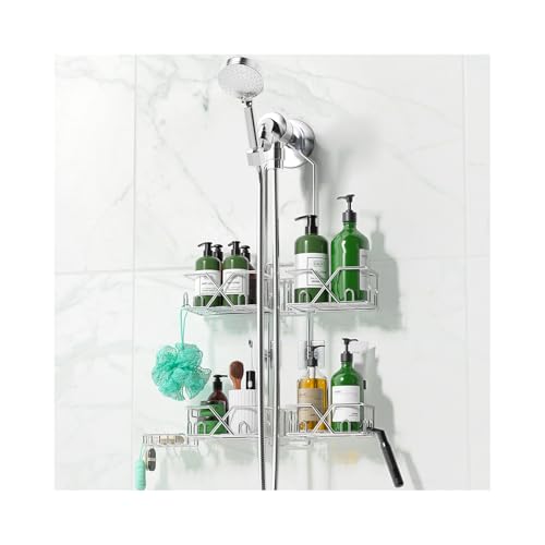 Sewulidon Stainless Steel Shower Caddy Hanging for Handheld Shower Heads,Rustproof Hose Shower Organizer Adjustable Length Shower Rack with 24 Hooks,Razor Holder,Soap Holder - color: New-Silver