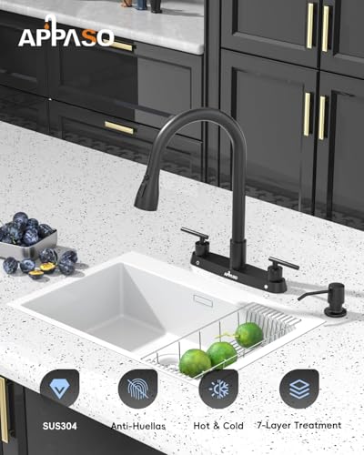 APPASO 4 Hole Kitchen Faucet with Pull Down Sprayer Matte Black 8'' Center | Black Kitchen Faucets with Soap Dispenser, High Arc Modern Sink Faucet for 3-4 Hole Standard Sinks, Lead-Free Certified - color: 1-Black