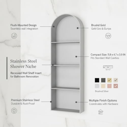 Recessed Shower Niche Stainless Steel, 11.8 x 4.7 x 3.9 Inch Arched Wall Shelf for Bathroom Storage, Rust-Resistant Built-in Insert (1 Pack) - color: Metallic