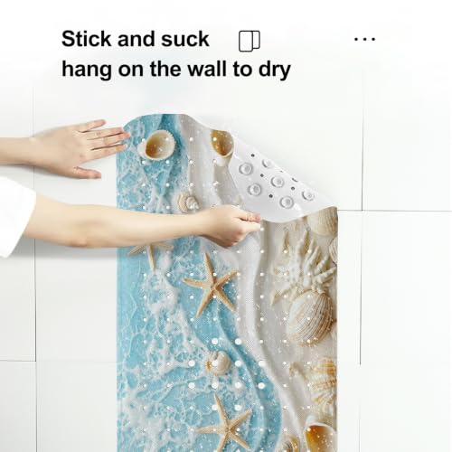 LNOND Summer Beach Bathtub Mat Non Slip, 40 X 16 Inch Tub Mat for Bathroom, Starfish and Seashells Bath Tub Shower Mat with Drain Holes and Suction Cups - color: Starfish and Seashells Bathtub Mat
