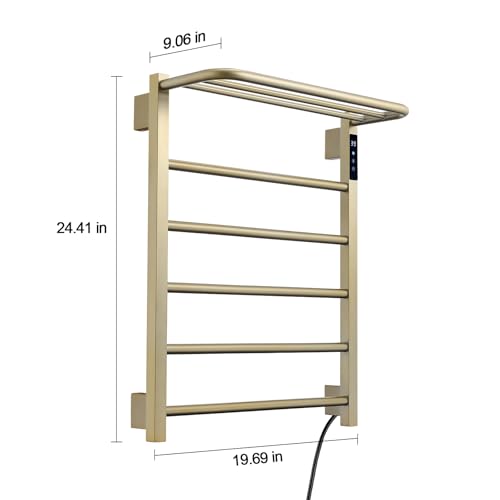 Modern Electric Towel Warmer, Wall Mounted Heated Towel Rack in Brushed Gold, Smart Temperature Control with LED Display