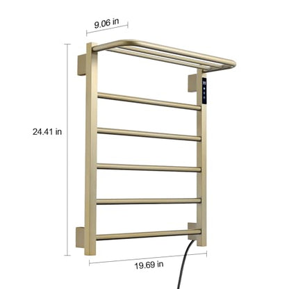 Modern Electric Towel Warmer, Wall Mounted Heated Towel Rack in Brushed Gold, Smart Temperature Control with LED Display