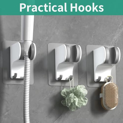 Hand Held Shower Head Holder Wall Mount, 2 Hooks, White, 1 Pack | Shower Hose Holder Adhesive with 2 Hanger Hooks, Adjustable Shower Handle Holder, No Drilling Shower Wand Holder - color: White