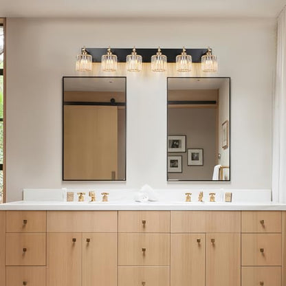 6-Light Crystal Bathroom Vanity Light, Modern Black Gold Bathroom Light Fixtures Over Mirror Crystal Wall Lighting with Polished Gold Finish - color: Black Gold-Round Shade, size: 6-Light