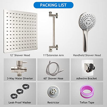 Shower Head Combo,12" Brushed Nickel High Pressure with 11" Extension Arm | Rain Shower Head with 5 Settings Handheld Shower Head Combo,Powerful Shower Spray Against Low Pressure Water - color: Nickel, size: 12" Showerhead Set