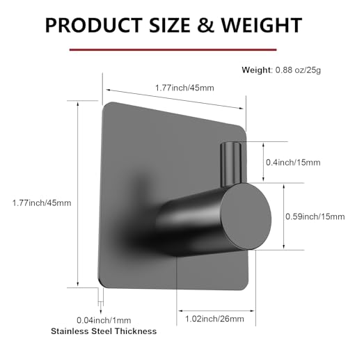 Adhesive Towel Hook 8Pack Matte Black, Modern Style Stainless Steel Wall Hooks Stick for Clothes, Hat, Towel Robe Hook Rack Wall Mount, Thicken Holder for Home Bathroom Kitchen