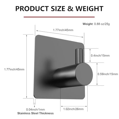 Adhesive Towel Hook 8Pack Matte Black, Modern Style Stainless Steel Wall Hooks Stick for Clothes, Hat, Towel Robe Hook Rack Wall Mount, Thicken Holder for Home Bathroom Kitchen