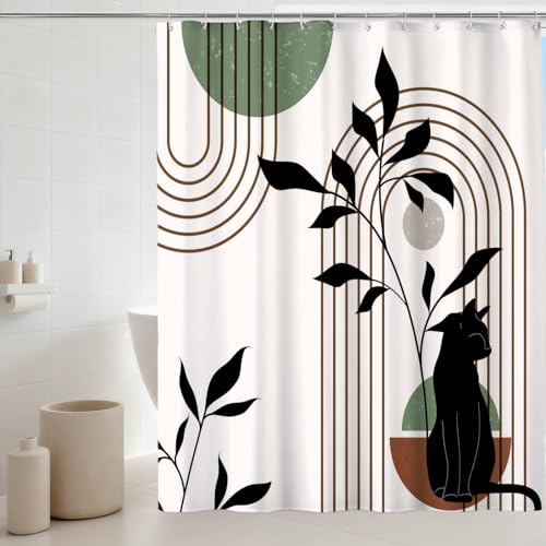Mid Century Modern Shower Curtain, Minimalist Boho Chic Cat with Leaves Shower Curtains for Bathroom, Sage Green Black Waterproof Polyester Fabric Shower Curtain Set with Hooks, 72 x 72 inches - color: Brown Black