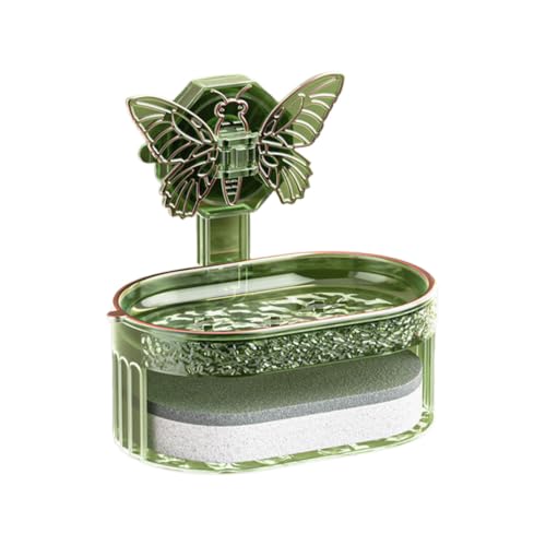 No Drill Wall Mount Soap Dish with Butterfly Decor Suction Cup Double Layer Drainage Soap Holder with Sponge Wipe Transparent Plastic Soap Caddy for Bathroom Shower Sink Vanity (Green) - color: Green