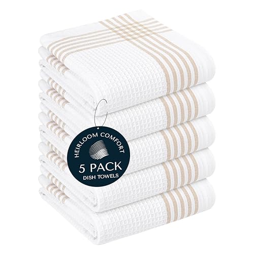 Beige and White Waffle Kitchen Towels 5 Pack, 100% Cotton, 16x26 Inch, Ultra Absorbent, Fast Dry Dish Towels, Reusable Dishcloths for Drying, Cleaning, Kitchen Use - color: Beige, White, style: 5 Pack