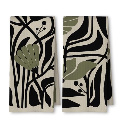 Abstract Dark sage Green and Black Boho Floral Kitchen Towels Set of 2, 70s Retro Groovy Botanical Dish Tea Towels for Kitchen Bathroom Decor, Mid Century Modern Hand Towels, 16x24 Inch - color: Dark Sage Green