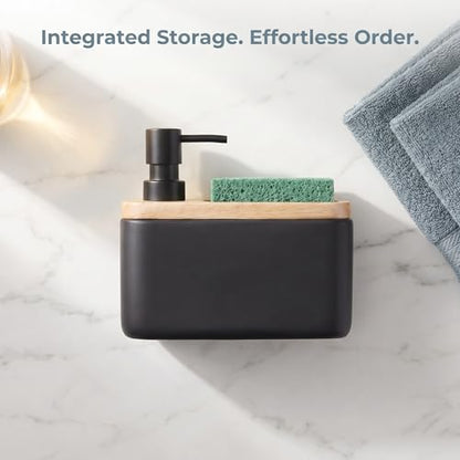 RQYIXI 2-in-1 Ceramic Soap Dispenser with Sponge Holder, Black, 17 Oz | natural acacia wood accent rectangular modern kitchen sink organizer caddy pump countertop farmhouse - color: White Wax Wood Square