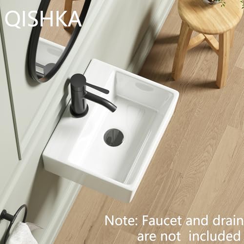 Wall Mounted Bathroom Vessel Sink, QISHKA 15" X 12" Rectangular Floating Ceramic Wash Hand Basin White Wall Hung Vanity Sink for Bathroom and Cloakroom - size: 15" x 12" x 4.7"