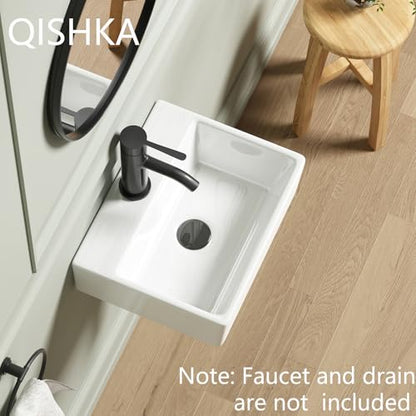 Wall Mounted Bathroom Vessel Sink, QISHKA 15" X 12" Rectangular Floating Ceramic Wash Hand Basin White Wall Hung Vanity Sink for Bathroom and Cloakroom - size: 15" x 12" x 4.7"