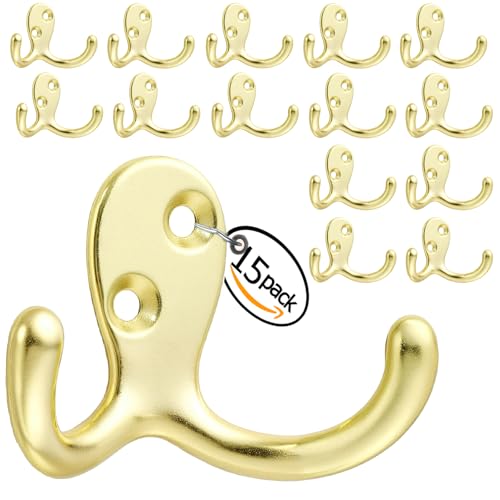 Coat Hooks Wall Hooks for Hanging - 15 Pack Gold Double Prong Hook Wall Mounted - Great for Living Room, Bedroom, Bathroom, Closet for Coat, Bag, Towel, Hat, Key, Cup, Heavy-Duty, Easy to Install - color: 15pcs Gold