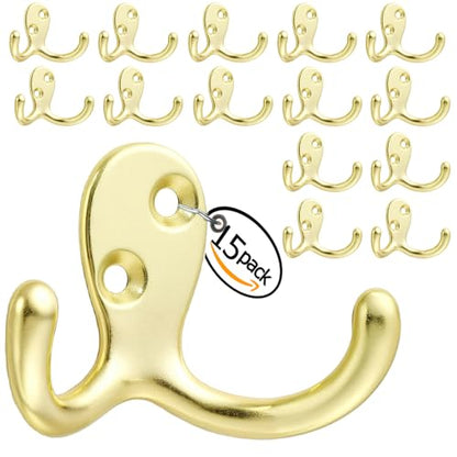 Coat Hooks Wall Hooks for Hanging - 15 Pack Gold Double Prong Hook Wall Mounted - Great for Living Room, Bedroom, Bathroom, Closet for Coat, Bag, Towel, Hat, Key, Cup, Heavy-Duty, Easy to Install - color: 15pcs Gold