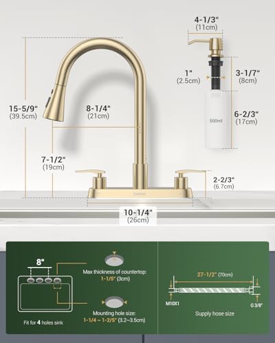 DAYONE 2 Handle Kitchen Faucet with Pull Down Sprayer Brushed Gold, 4 Holes Sink Faucets for Kitchen/RV with Soap Dispenser Stainless Steel - color: Brushed Gold, style: 4 Holes Pull Down