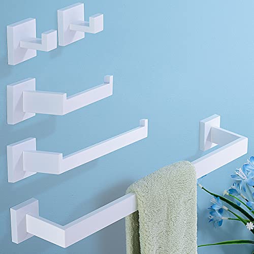TRUSTMI 5-Piece Bathroom Hardware Set Wall Mount, White | SUS304 stainless steel, laser-welded seamless, 23.6" bar, 10.6" ring, 6.3" holder, 2 hooks, hardware included - color: White
