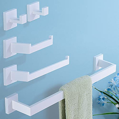 TRUSTMI 5-Piece Bathroom Hardware Set Wall Mount, White | SUS304 stainless steel, laser-welded seamless, 23.6" bar, 10.6" ring, 6.3" holder, 2 hooks, hardware included - color: White