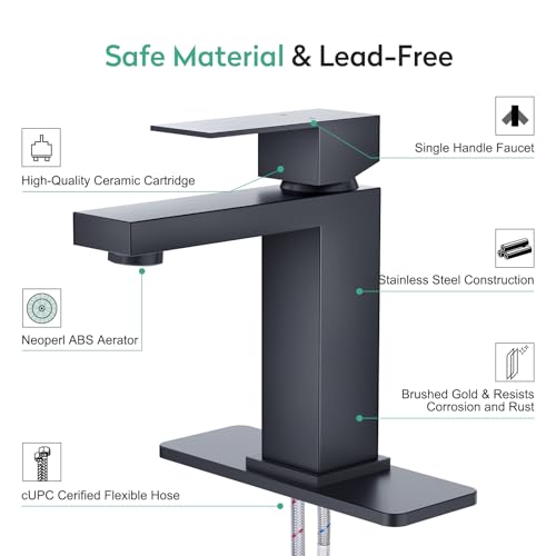 Faustina Matte Black Bathroom Faucet, Single Handle Stainless Steel Bathroom Vanity Faucet with Metal Pop-Up Drain and Deck Plate for 1 or 3 Hole - color: Black, style: Classic