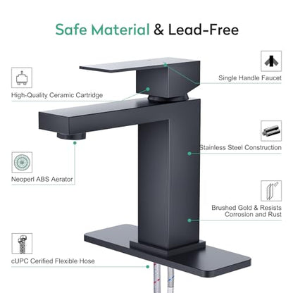 Faustina Matte Black Bathroom Faucet, Single Handle Stainless Steel Bathroom Vanity Faucet with Metal Pop-Up Drain and Deck Plate for 1 or 3 Hole - color: Black, style: Classic