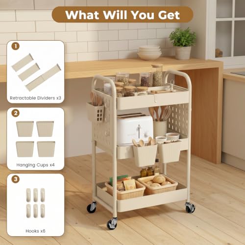 3 Tier Rolling Cart with Retractable Dividers, Multi-Functional White Rolling Utility Cart with Pegboards, Hooks & Hanging Cups for Nursery, Living Room, Studio - color: Beige