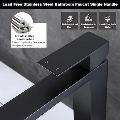 Matte Black Vessel Sink Faucet, Single Hole Tall Bathroom Faucet | Stainless Steel 1 Hole Black Matte Faucet for Bathroom Sink, Tall Vanity Faucet with Pop Up Drain - color: Matte Black, size: Tall