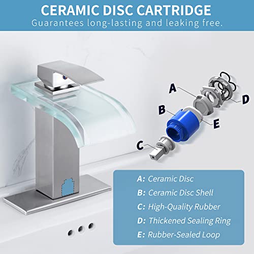 LED Bathroom Faucet, Brushed Nickel Waterfall Bathroom Sink Faucet, 1 Hole, 4 Inch Centerset, Color-Changing LED Lights - color: Brushed Nickel