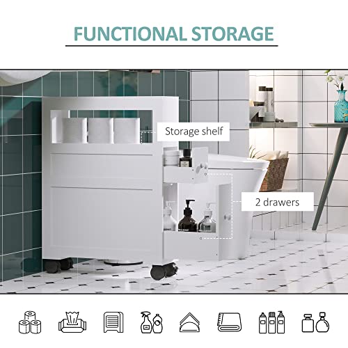 HOMCOM 6.25" x 20.5" x 28.25" Wood Rolling Narrow Bathroom Side Storage Cabinet - White - color: White
