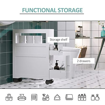 HOMCOM 6.25" x 20.5" x 28.25" Wood Rolling Narrow Bathroom Side Storage Cabinet - White - color: White