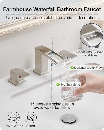 Waterfall Bathroom Faucet 3 Hole, Brushed Nickel 8 Inch 2 Handles | Lead-Free Brass, Widespread Style, Pop Up Drain, Pre-installed cUPC Water Hose, For Vanity Lavatory Modern, 10-Min Install - color: Brushed Nickel